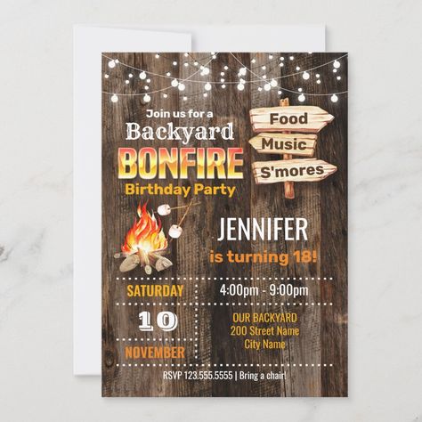 Backyard Bonfire Birthday Party Invitation Fall Bonfire Party, Bonfire Party Invitations, Adele Birthday, Backyard Bonfire Party, Campfire Birthday, Bonfire Birthday Party, Bonfire Birthday, Sibling Birthday Parties, Backyard Gifts