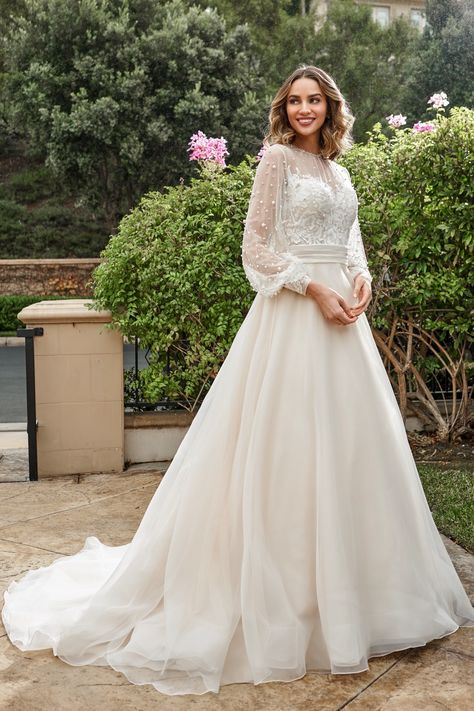 T232070 Retro Romantic Ball Gown with Softly Gathered Tulle Illusion Jewel Neckline and Bishop Sleeves with Pearls Dream Wedding Ideas Dresses, Wedding Dress Couture, Jewel Neckline, Modest Wedding Dresses, Gown Wedding, Ball Gown Dresses, Wedding Dress Inspiration, Wedding Dress Long Sleeve, Bridal Couture