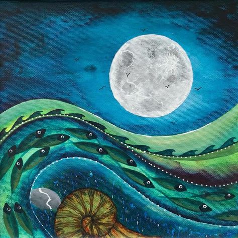 Moon Scape, Ocean Life Art, Ocean Waves Art, Seaside Art, Wave Art, Fish Design, Spirit Animal, Glass Painting, Artwork Painting