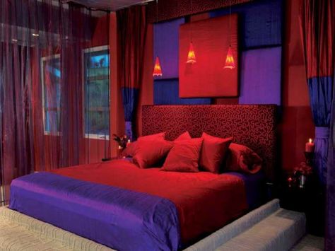 red and blue room Blue Bedroom Paint, Red Headboard, Blue Bedroom Colors, Romantic Bedroom Design, Purple Bedrooms, Blue Bedroom Decor, Purple Bedroom, Purple Rooms, Purple Decor