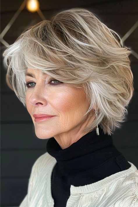 Layered Feathered Bob with Bangs Hairstyle for Women Over 60 with Fine Hair. Classy Hairstyles, Hairstyles For Women Over 60, Layered Haircuts For Medium Hair, Chin Length Hair, Bob Haircut For Fine Hair, Messy Short Hair, Bob Hairstyles For Fine Hair, Formda Kal, Haircuts For Medium Hair