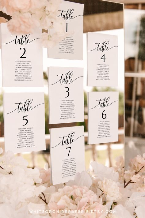 "- BUY 3 OR MORE GET 50% OFF! - Discount applied automatically at checkout. - TRY the Free DEMO Before You Buy! Looking for the perfect seating cards for your wedding day? Look no further than our modern chic calligraphy seating cards! Our seating cards come in both 4\"x6\" and 5\"x7\" sizes, making them the perfect fit for any wedding reception. And for your guests who need help finding their seat, our 9\"x4\" \"Find Your Seat\" card will make sure they don't miss a beat. And don't forget about Wedding Seating Chart 6 Tables, Wedding Guest Chart Reception Seating, Unique Wedding Place Card Ideas Seating Charts, Guest List Seating Chart, Wedding Seating Chart Individual Names, Guest List Table Seating, Seat Placement Cards Ideas, Quinceanera Table Cards, Table Directory Wedding