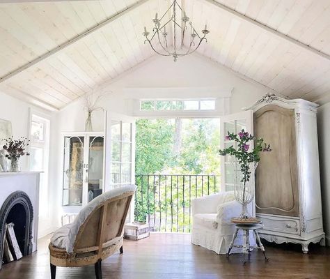 White Beams on Vaulted Ceiling - Soul & Lane Beams On Vaulted Ceiling, French Balcony, White Beams, It Takes A Village, Room Wall Colors, Balcony Doors, Takes A Village, Wood Armoire, Apartment Goals