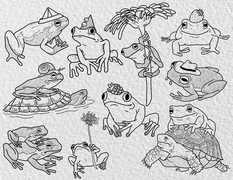 Derpy Frog Tattoo, Dumpy Frog Tattoo, Ghost Frog Tattoo, Frog Line Art Tattoo, Whimsical Frog Tattoo, Frog Tattoo Linework, Toad Tattoo Simple, Cute Tortoise Tattoo, Cute Toad Tattoo