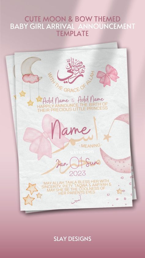 Pink, baby, announcement, bow, mpon, cute, baby girl, little girl, graphic design, designer, graphic, business. Baby Name Announcement Template, Name Announcement Template, Baby Girl Announcement Template, Birth Card Design, Aqiqah Invitation, Birth Frame, Muslim Baby Girl Names, Baby Arrival Announcement, Congratulations Baby Girl