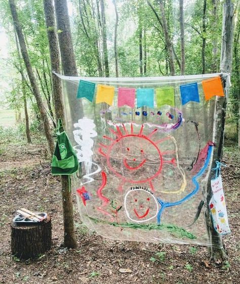 A clear shower curtain between trees makes for hours of painting entertainment. Add a bit of dish soap to your paints to make them wash off easier! Shower Curtain Painting, Curtain Painting, Clear Shower Curtain, Reggio Inspired Classrooms, Spring Kindergarten, Circle Crafts, Toddler Art Projects, Outside Activities, Toddler Arts And Crafts