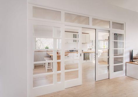 Sliding Doors Between Living And Dining Room, Sliding Doors Between Rooms, Kitchen With Door In Middle, Kitchen Sliding Door Ideas, Glass Sliding Doors Interior, Living Room Sliding Doors, Kitchen Sliding Doors, Glass Barn Doors Interior, Living Room Floor Plans