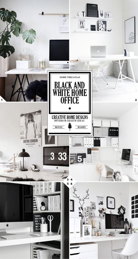 Black and White Home Office Ideas and Designs Black And White Small Office, White And Black Office Decor, Black And White Home Office Design, Home Office Ideas Black And White, Home Office White And Black, Black And White Office Decor Ideas, Black And White Desk Decor Office Ideas, Modern Office Black And White, Black White And Gold Home Office Ideas