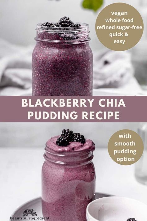 This blackberry chia pudding recipe requires just 4 ingredients and only 5 minutes of prep time. It is a delicious summertime recipe that can be made year round with frozen berries. Vegan, refined sugar-free, oil-free, grain-free, gluten-free, whole food plant-based. Includes a smooth pudding option. Moringa Chia Pudding, Chia Seed Pudding Frozen Berries, Chia Seed Pudding With Frozen Fruit, Smooth Chia Pudding, Blackberry Chia Pudding, Blackberry Pudding, Berry Chia Seed Pudding, Berry Chia Pudding, Chai Pudding