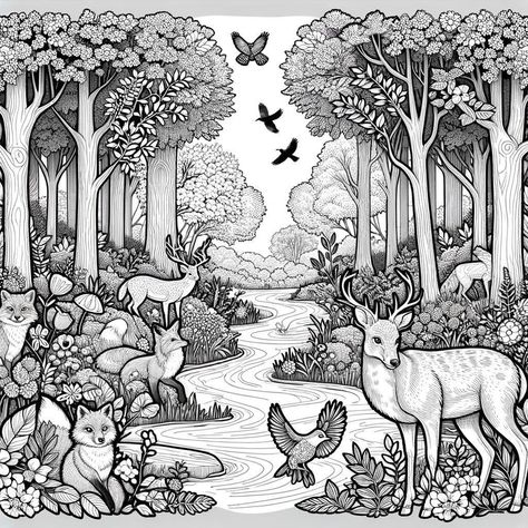 Discover the beauty and tranquility of nature with our collection of black and white line illustrations featuring serene forest scenes. Each page showcases a variety of wildlife, including deer, foxes, and birds, surrounded by lush trees, blooming flowers, and flowing streams. These slightly detailed designs capture the essence of a peaceful forest, providing an engaging and relaxing coloring experience for enthusiasts of all ages. Fairy Forest Coloring Pages, Forest And Animals Drawing, Animals In Nature Drawings, Nature And Wildlife Drawings, Deer Clipart Black And White, Nature And Animals Drawing, Forests Drawings, Forest Art Drawing, Forest Drawing With Animals