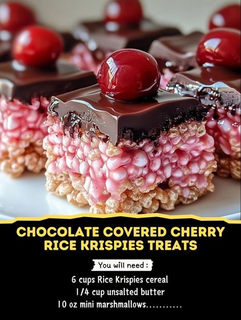 Chocolate Covered Cherry Rice Krispie Treats, Cherry Rice Krispie Treats, Rice Krispie Cereal, Chocolate Covered Cherries, Mini Marshmallows, Rice Krispie Treats, Krispie Treats, Unsalted Butter, Treat Yourself