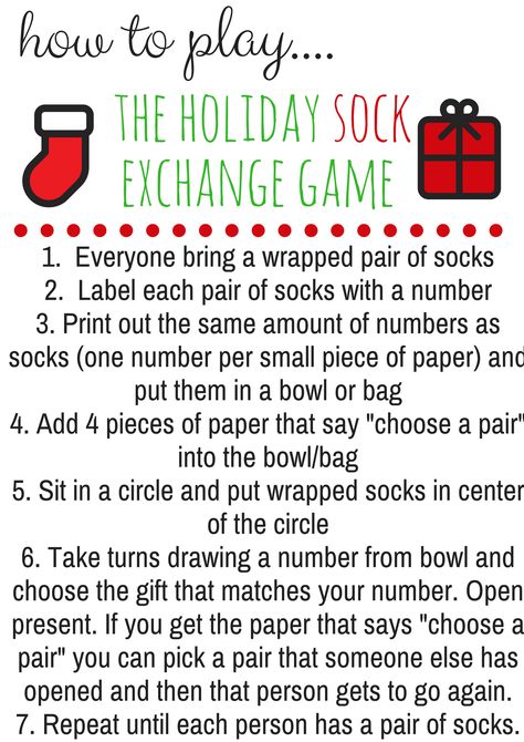 How to Play the Holiday Sock Exchange Game- Free Printable Sock Exchange Game, Christmas Socks Exchange, Christmas Gift Exchange Games, Christmas Gift Games, Xmas Games, Gift Exchange Games, Le Grinch, Fun Christmas Party Games, Fun Christmas Games