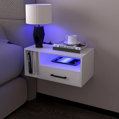 Amazon.com: Homaterial Floating Nightstand with Charging Station and LED Lights, Floating Bedside Table with Drawers Wall Mounted Nightstands,for Bedroom Room, 21.3" x 11.8" x 10",White : Home & Kitchen Led Stand Design For Bedroom, Diy Floating Vanity Bedroom, Small Bedroom Decor For Men, Night Tables Ideas, Bed Night Stand Ideas, Modern Side Tables Bedroom, Acrylic Bedroom Decor, Small Nightstands Bedside Tables, Night Table Ideas Bedroom