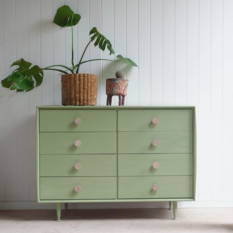 Pastel Green Furniture, Pistachio Room, Mint Green Interior Design, Mint Green Furniture, Attic Furniture, Chest Of Drawers Decor, Dwell Kitchen, Green Chest Of Drawers, Mood Board Bedroom