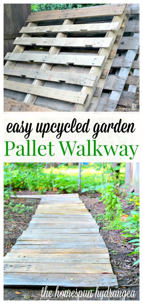 Easy Upcycled Garden Pallet Walkway - See how you can turn a couple of old wood pallets into an upcycled garden walkway! Wood Pallet Walkway, Pallet Walkway, Diy Wood Pallet, Pallet Gardening, Upcycled Garden, Pallet Garden Furniture, Pallet Patio Furniture, Garden Pallet, Wooden Walkways