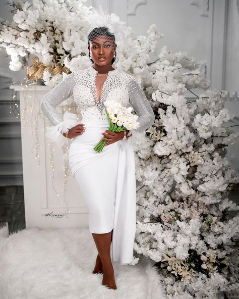 Tea Length Wedding Dress Vintage Classy, Civil Wedding Dress Courts Plus Size, Civil Wedding Court, White Short Gown For Registry, Nigerian Civil Wedding Dress Courts, Registry Office Wedding Dress Nigeria, White Court Wedding Dress In Nigeria, Wedding Fascinators Brides, Civil Wedding Dress Courts Brides