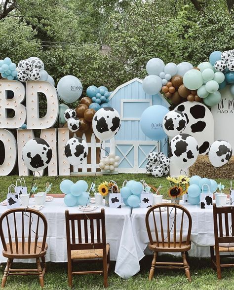 Blue Barnyard Party, Cow Boy Birthday Party Decorations, Cow Boy Theme Party Ideas, Farm Baby Birthday Party, Vaquero First Birthday, Cowboy Baby Shower Theme Boys, Barnyard Baby Shower Ideas Boy, Farm Birthday Theme Boy, Farm Themed Baby Shower Ideas Boys