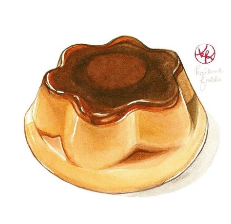 Falls Illustration, Japanese Pudding, Pudding Illustration, Japanese Food Illustration, Desserts Drawing, Food Art Painting, Dessert Illustration, Cake Drawing, Food Doodles