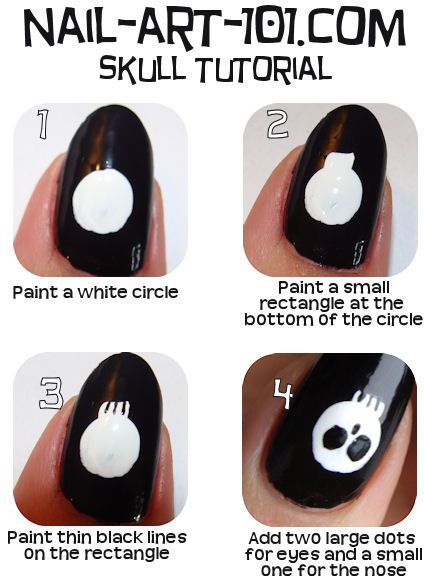 Skull Nail Art. I kinda like it. Reminds me of skulls in drawing class, not too scary. Halloween Nail Art Tutorial, Skull Nail Art, Nailart Tutorial, Diy Skulls, Nail Art Halloween, Skull Nails, Milky Nails, Punk Nails, Grunge Nails