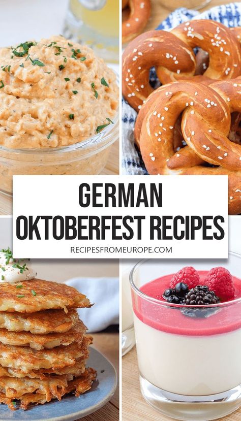 photo collage of cheese spread, pretzels, potato pancakes, and bavarian cream with text in the middle "German Oktoberfest recipes". German Octoberfest Recipes, German Party Food, Oktoberfest Party Food, Pennsylvania Recipes, Octoberfest Recipes, German Recipes Dinner, German Meals, German Food Recipes, International Meals