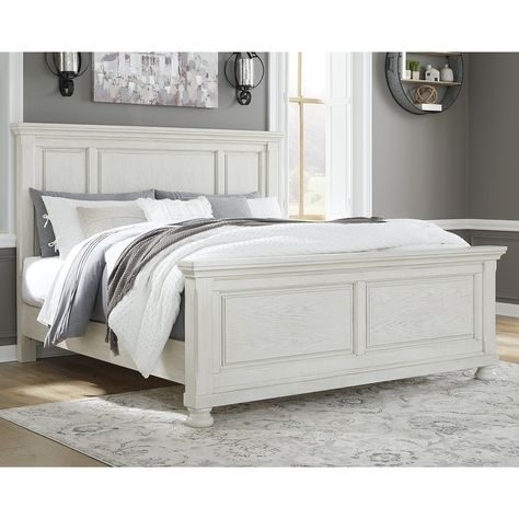 Signature Design by Ashley Robbinsdale Antique White Panel Bed - Bed Bath & Beyond - 38997786 White King Panel Bed, White Wood Bed, White Wooden Bed, White Bedroom Set, Wood Bed Design, White Bed Frame, Queen Panel Beds, Upholstered Panel Bed, Bedroom Panel