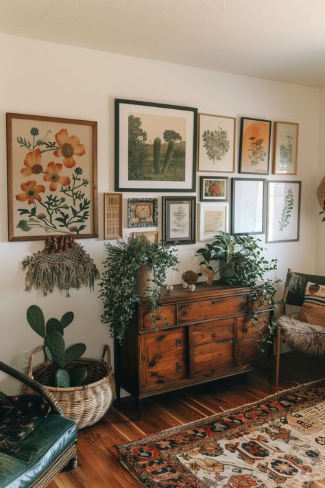 Cozy rustic living room with botanical-themed wall art, vintage wooden dresser, and lush indoor plants, embodying modern rustic decor ideas. Home Decor Ideas Vintage Modern, Cozy Room Living Room, Natural Contemporary Living Room, Vintage Modern Boho Decor, Vintage Minimalist Decor Living Room, 1920s Interior Design Living Rooms, Wall Decoration Ideas For Living Room, Modern House Vintage Decor, Small Western Home Decor