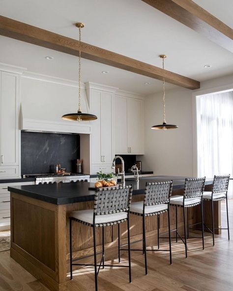 With their grey top-grain leather weave, our Garza Stools bring an understated farmhouse look to the kitchen. 🖤 @theheathercompany added cushions for contrast and comfort. Builder: @verandaestatehomes Photo: @lindsaynicholsphoto #fourhandsfurniture #regram Two Seat Island, Fire Restoration, White Subway Tile Shower, Kitchen Layouts, White Marble Floor, Leather Weave, Love Dark, Ideal Kitchen, Wood Island