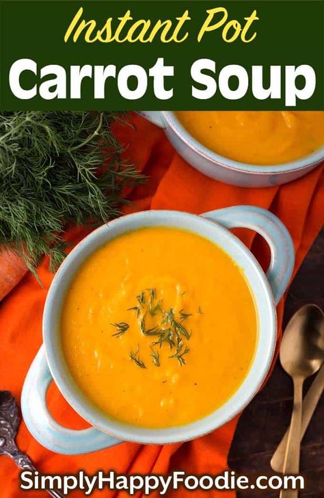 Instant Pot Carrot Soup is simply delicious. This carrot soup recipe only has a few ingredients, and is easy to make. This pressure cooker carrot soup is so comforting and yummy! simplyhappyfoodie.com #carrotsoup #instantpotsoup #pressurecookersoup Chicken Spaghetti Squash Recipes, Simply Happy Foodie, Instant Pot Soup Recipes, Chicken Spaghetti Squash, Immersion Blender, Instant Pot Soup, Healthy Instant Pot Recipes, Carrot Soup, Carrot Recipes