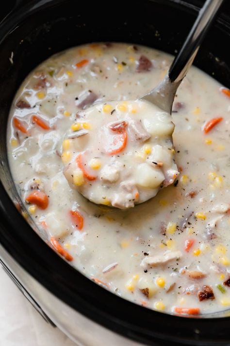 Slow Cooker Chicken Corn Chowder, Garlic Cheddar Biscuits, Real Food Dietitians, Chicken Corn Chowder, Easy Slow Cooker Chicken, Chicken Corn, Chowder Recipe, Chowder Recipes, Corn Chowder