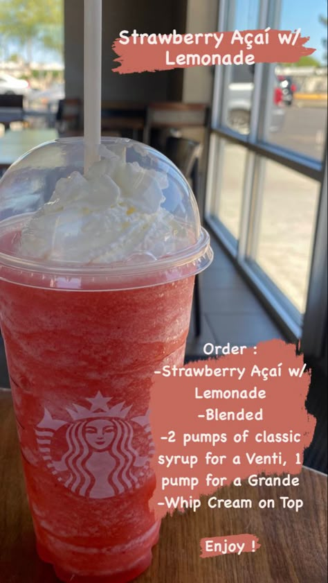 Starbucks Drink Things To Get At Starbucks, Starbucks Frozen Drinks, Starbucks Tea Recipes, Strawberry Starbucks Drink, Starbucks Smoothie, Starbucks Strawberry Acai Refresher, Frozen Strawberry Lemonade, Starbucks Drink Menu, Starbucks Drink Ideas