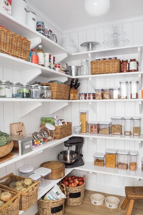 Kitchen pantry with shiplap trim Pantry Layout, Deep Pantry, Organized Pantry, Custom Shelving, Colonial Style Homes, Butlers Pantry, Kitchen Organization Pantry, Kitchen Organization Diy, Pantry Ideas