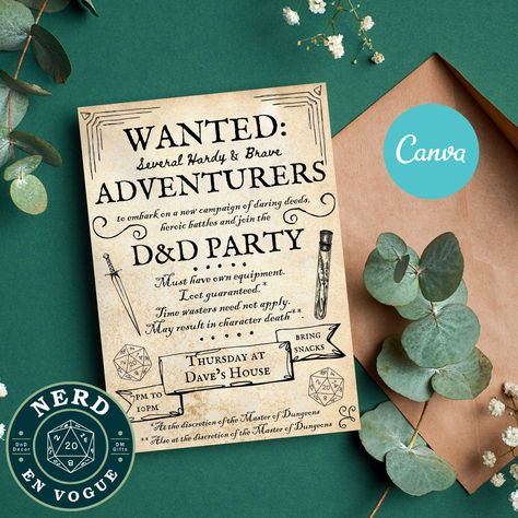 Send out your party invitations in style with this DnD Invite! This fully editable Canva template has a Ye Olde Wanted Poster / Public Notice design featuring D20 dice used in RPGs such as Dungeons & Dragons, and Pathfinder. Whether you are starting a new campaign or hosting a one-shot, this DnD Invitation will make your players feel that little bit special! When you buy this listing, you'll gain immediate access to the two RPG invitation templates (two sizes: A5 and 7"x5"). Customise the templa Dnd Campaign Poster, Dungeons And Dragons Invitations, Dnd Party Invitations, Dnd Invitations, Dungeons And Dragons Themed Party, Dnd Party Decorations, Dnd Themed Party, D&d Party, Dnd Party Ideas