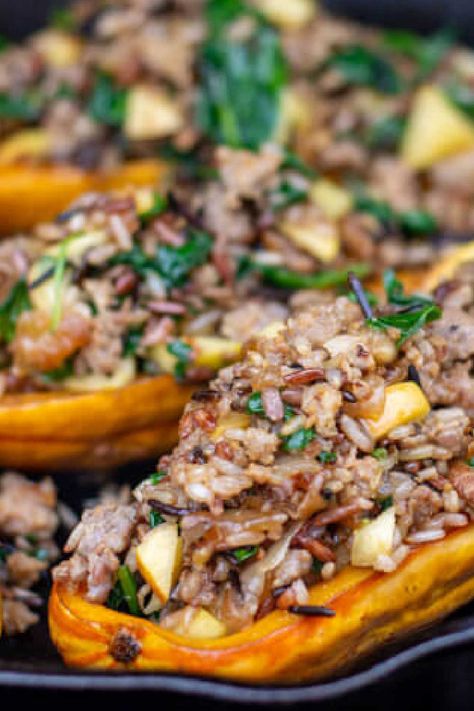 Stuffed Delicata Squash Recipe, Wild Rice And Sausage, Stuffed Delicata Squash, Guest Recipes, Delicata Squash Recipe, Yummy Vegetables, Winter Squash Recipes, Wild Rice Recipes, Grilled Carrots