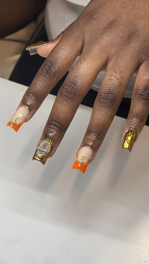 Orange French tip with gold chrome Orange And Gold Nails, Orange Nails Acrylic, Orange French Tip, Gold Chrome, Birthday Nails, Gold Nails, Nail Inspo, Acrylic Nails, Orange