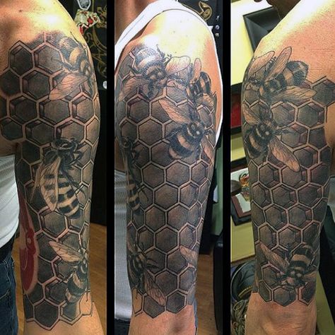 Dove Grey Honeycomb And Bees Tattoo Males Upper Arm Small Dragonfly Tattoo, Honeycomb Tattoo, Mac Miller Tattoos, Honey Bee Tattoo, Simple Tattoos For Women, Small Shoulder Tattoos, Geometric Sleeve Tattoo, Cross Tattoo For Men, Spider Tattoo