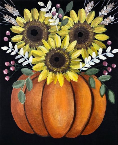 Pumpkin With Sunflowers, Fall Painting Decor, Fall Pumpkin Canvas Painting, Pumpkin Paint And Sip Ideas, Fall Sunflower Painting, Pumpkin With Flowers Painting, Sunflower Chalk Art, Autumn Canvas Painting Easy, Fall Acrylic Painting Tutorial