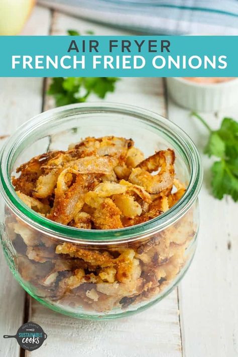 You're in for a treat with these Crispy Fried Onions! They're so good that it's hard to believe these healthy onion straws are Whole30 compliant, keto-friendly, and vegan. Shoestring onions are a perfect topping for soups, casseroles, burgers, or steak. These fried onion strings can be made in the air fryer or baked in the oven. Take any meal to the next level with these gluten-free fried onions! #crispyfriedonions #glutenfreefriedonions Gluten Free French Fried Onions, French Fried Onion Recipes, Fried Onions Recipe, Onion Straws, Onion Strings, Keto Thanksgiving, Vegan Holiday, Thanksgiving 2020, French Fried Onions