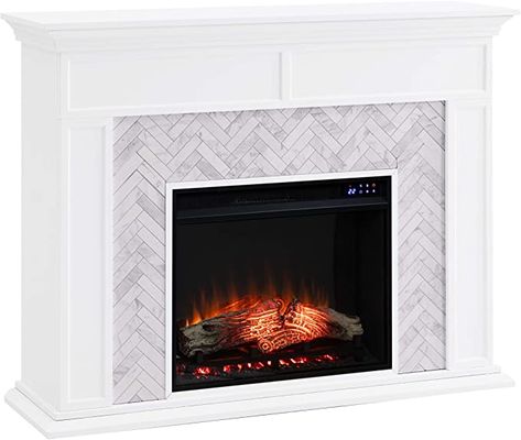 Tiled Electric Fireplace, Stone Electric Fireplace, Fireplace Video, Fireplace Bookshelves, Marble Fireplace, Gray Marble, Fireplace Remodel, Rooms To Go, Wood And Marble