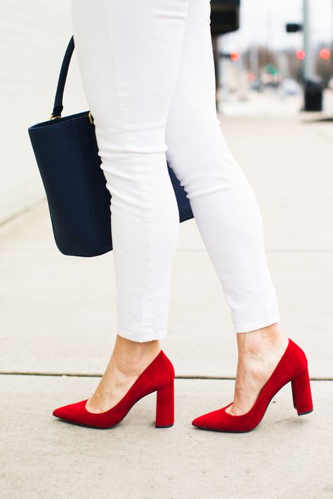 Red Block Heels * Red White and Blue Blocked Heels Outfit, Red Block Heels Outfit, Block Heels Outfit, Red Heels Outfit, Red Block Heels, Blue Block Heels, Pumps Outfit, Heels Red, Classy Shoes