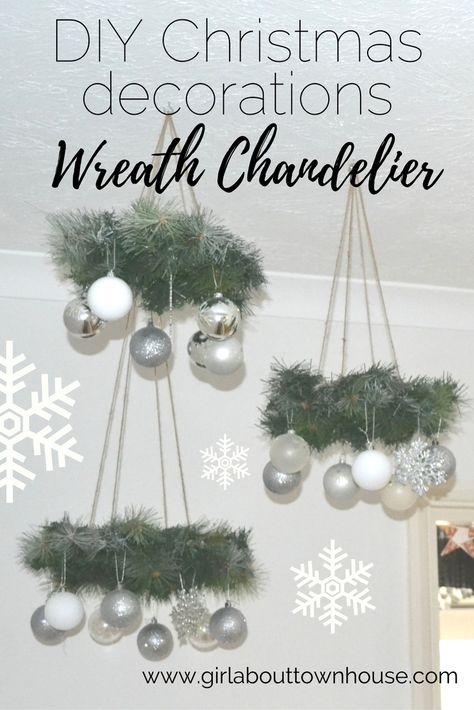 Wreath Chandeliers: Christmas craft week - Girl about townhouse Diy Christmas Chandelier, Christmas Chandelier Ideas, Chandelier Wreath, Wreath Chandelier, Faux Chandelier, Christmas Chandelier Decor, How To Make A Chandelier, Christmas Chandelier, Christmas Decorations Wreaths