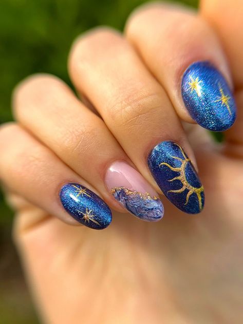 Solstice Nails Winter, Simple Galaxy Nails, Summer Solstice Nails, Space Theme Nails, Fun Blue Nails, Boho Nails, Witchy Nails, Sharp Nails, Summery Nails