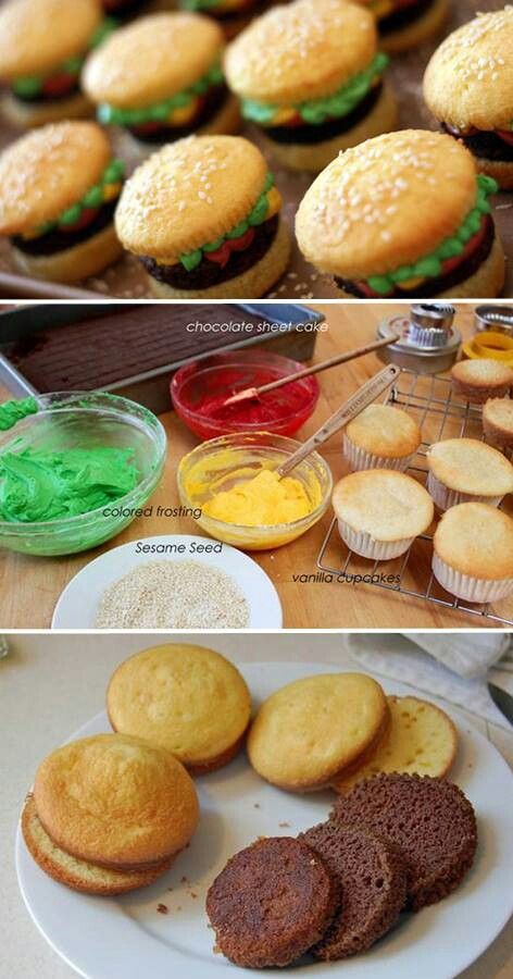 Hamburger cupcakes                                                                                                                                                      More Alien Party Snacks, Spongebob Themed Food Ideas, Spongebob Recipes, Cute Summer Desserts, Cakes That Look Like Food, Party Food Kids, Hamburger Cupcakes, Spongebob Birthday, Cupcake Cake