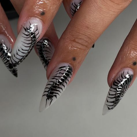 ⋆ ༺Ƹ★ (ꐦ ◣‸◢) ★ Ʒ༻ ⋆ @apresnailofficial Medium Stiletto - - #coolnails #centipede #grungenails #naildesign #nailinspo Centipede Nail Art, Ethel Cain Nails, Spikey Nails, Centipede Nails, Nail Ideas Stiletto, Long Coffin Nail Ideas, Stiletto Gel Nails, Insect Nails, Bug Nails