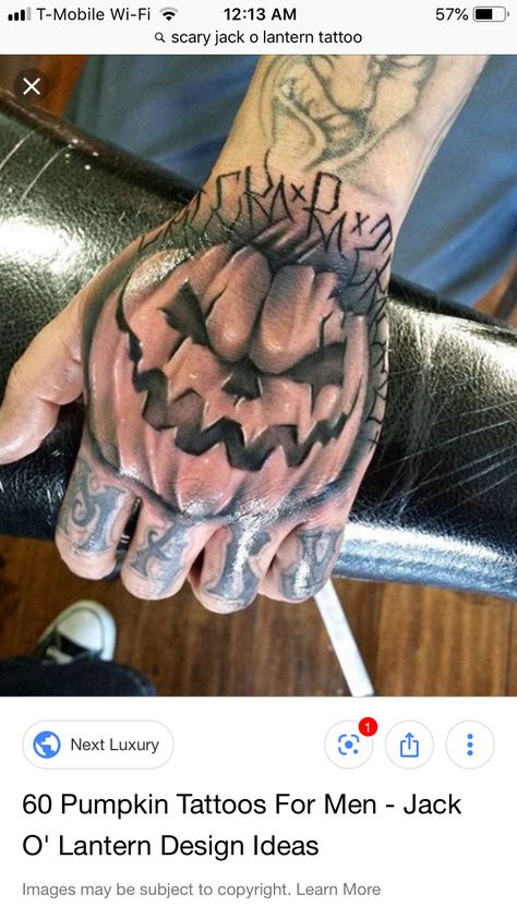 Jackolantern Tattoo Scary, Pumpkin Hand Tattoo, Scary Pumpkin Tattoo, Halloween Hand Tattoos, Jackolantern Tattoo, Jack O Lantern Tattoo, Lantern Tattoo, Pumpkin Tattoo, Jack Lantern