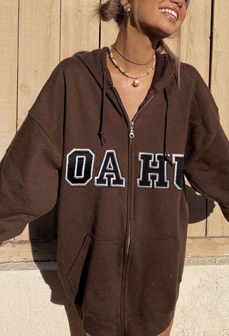 Oversized Hoodie Outfit, Casual 90s, Brown Zip Ups, Brown Hoodie, Outfits Retro, Women Y2k, Sweatshirt Zipper, Top Streetwear, Vintage Hoodies