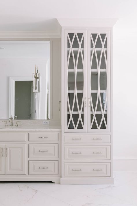 Vanity With Linen Cabinet, Elegant Laundry Room, Custom Bathroom Vanity, Linen Cabinets, Jennifer Taylor, Bath Renovation, Bathroom Linen Cabinet, Tallahassee Florida, Master Bath Remodel