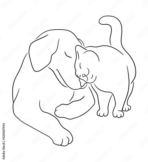 Dog And Cat Drawing, Dog With Cat, Dog Cuddle, Together Drawing, Cuddle Cat, Cat And Dog Tattoo, Dog Cuddles, Sitting Together, Dog Line Art