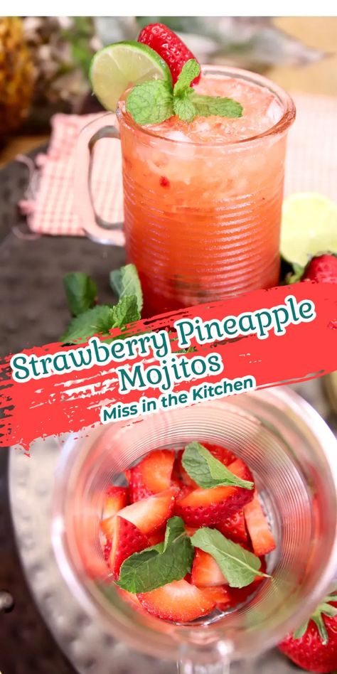 Strawberry Pineapple Mojito cocktails are refreshing and full of summer flavors.  Just a few ingredients for this rum cocktail that can be easily made by the glass. Refreshing Rum Cocktails, Rum And Orange Juice, Orange Juice Cocktails, Pineapple Mojito, Summer Flavors, Mojito Cocktail, Pineapple Rum, Mojito Recipe, Rum Drinks