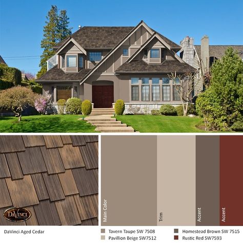 Tan Siding House Color Schemes, Cedar Siding Colors, Exterior Paint Schemes, Paint House, Siding Ideas, Outside Paint, Sunroom Addition, Roof Ideas, Cedar Roof