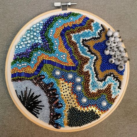 A completed beaded embroidery art hoop in blues Raised Bead Embroidery, Beaded Canvas Art, Bead Embroidery On Canvas, Seed Bead Art On Canvas, Bead Portrait, Beaded Canvas, Embroidered Wall Art Beads, Beaded Embroidery Portrait, Beaded Artwork